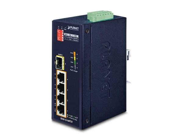 Industriell Switch 4-port 10/100B/Tx+F/O 1x100B/FX SFP, 802.3af PoE, IP30 