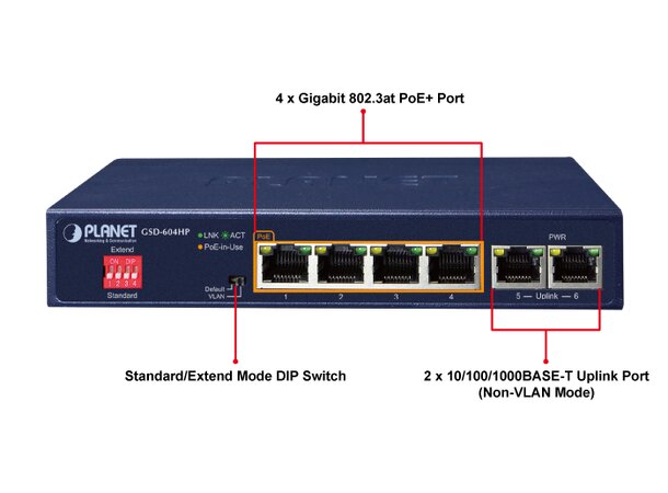 PoE Switch 4-Port 10/100/1000T 802.3at 2-Port 10/100/1000T Desktop 