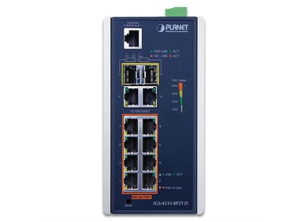Industriell Switch 8-port 802.3AT POE+ Planet: 2x100/1000X SFP IP30 