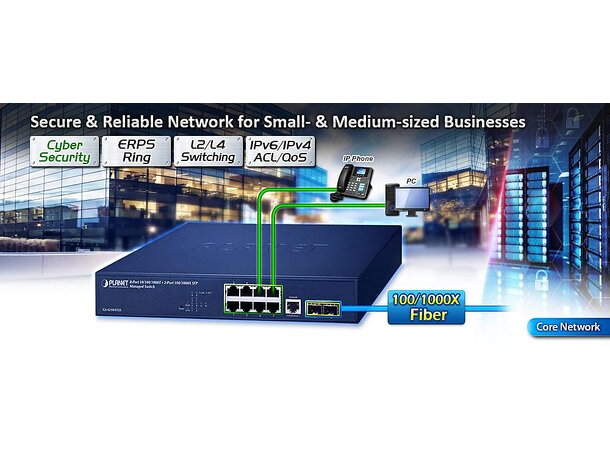 Switch  8-port 10/100/1000B/Tx 2xSFP Planet: 19" fästen ingår 