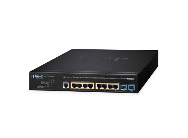 PoE+ Switch 8-Port 10/100/1000T PoE 4x802.3bt, 4x802.3at, 2x10G SFP+ 