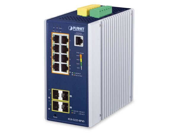 Industriell Switch 8-port PoE+ 802.3at 2-P 100/1G SFP, 2-P 100/1G/2.5G SFP Mgt 