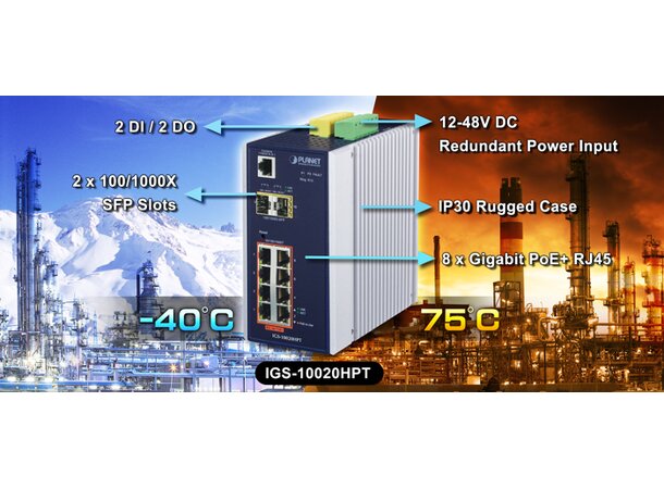 Industriell Switch 8-port 1000Tx+2xSFP Planet: 2x100/1000Base-X SFP100/1000 